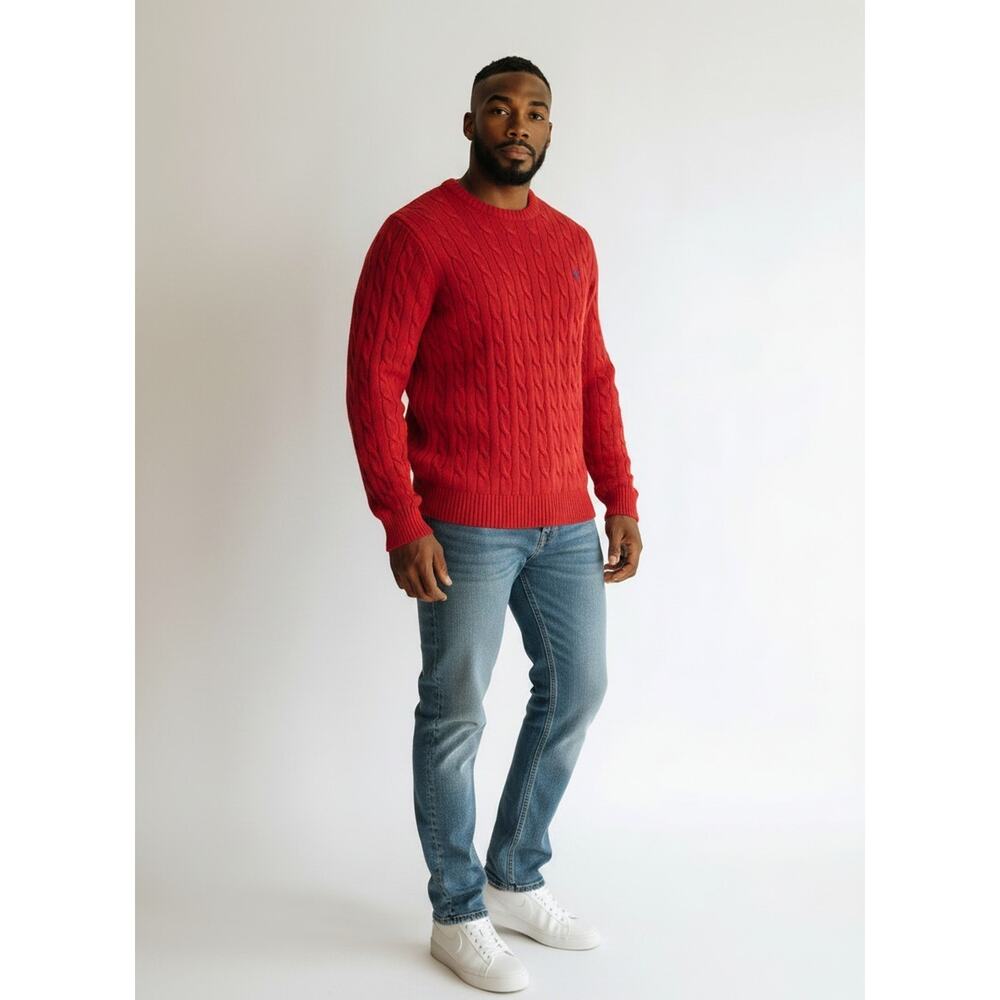Polo Ralph Lauren Red Long Sleeve Cable Knit Preppy Men's Pullover Sweater XL